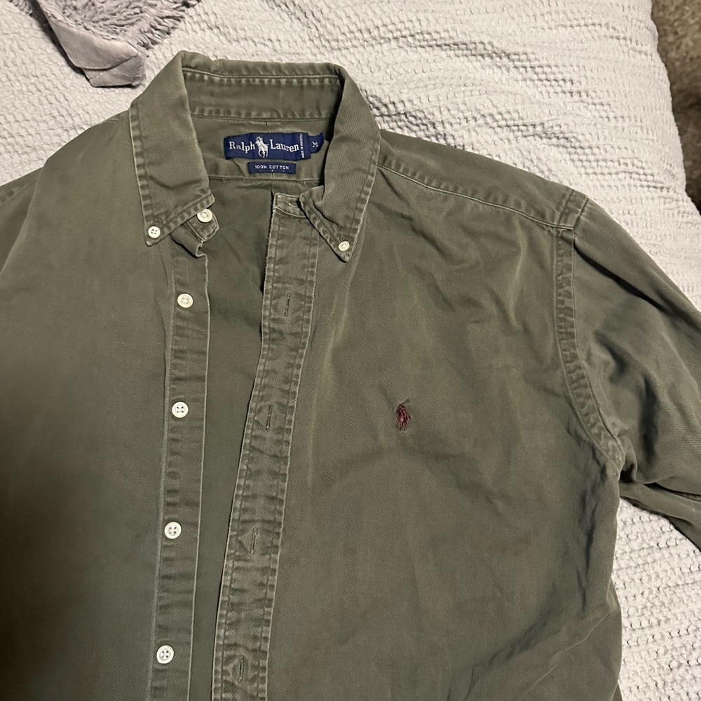 Vintage Ralph Lauren Men's Olive Green Shirt Medium 100% Cotton